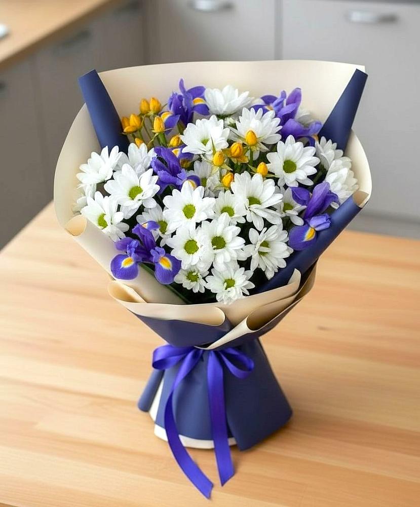 Букет цветов из: Розы, Ирисы и Хризантемы в Агаповка