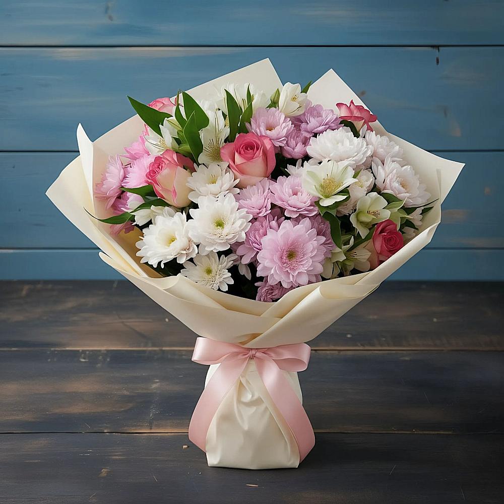 Букет цветов из: Хризантемы, Альстромерии и Розы в Агаповка